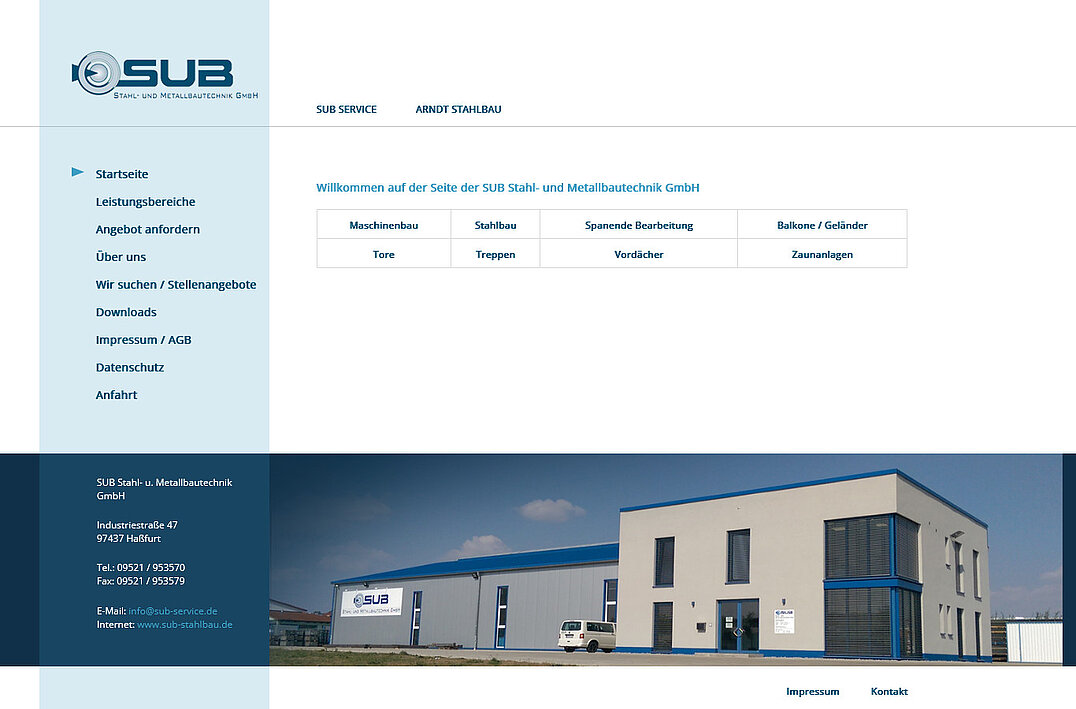 SUB Stahlbau GmbH Desktopansicht der Webseite